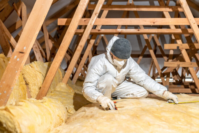 man insulates the roof and ceiling of the house with glass wool